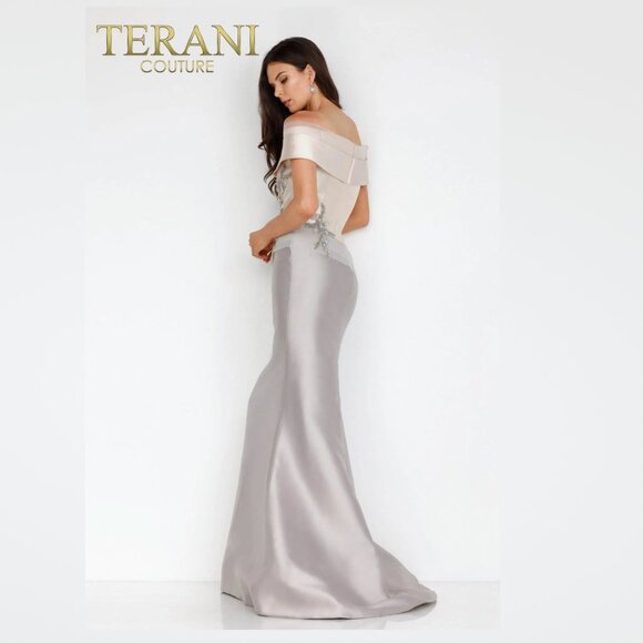 Champagne taupe Mikado off shoulder gown - Picture 4 of 4